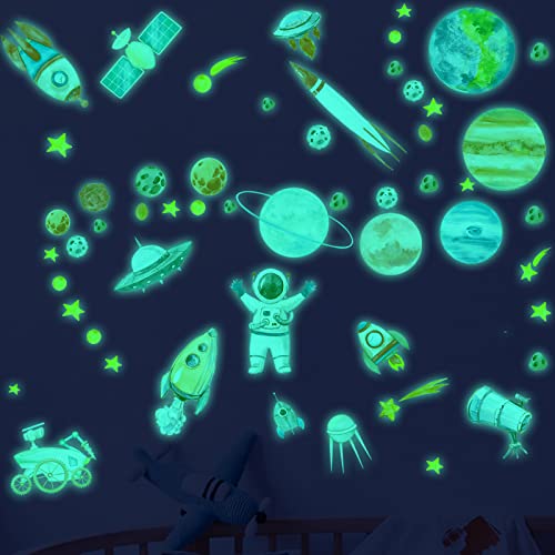 Glow in The Dark Planet and Space Solar System Wall Stickers,Glow in The Dark Stars for Ceiling,Galaxy Astronaut Rocket Spacecraft Alien Wall Decals for Boys Toddler Kids Bedroom Nursery Playroom Wall Decor