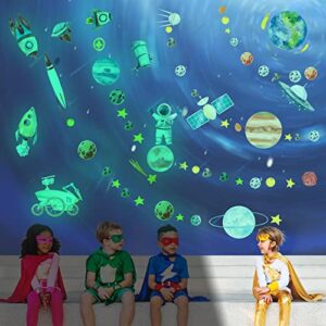 Glow in The Dark Planet and Space Solar System Wall Stickers,Glow in The Dark Stars for Ceiling,Galaxy Astronaut Rocket Spacecraft Alien Wall Decals for Boys Toddler Kids Bedroom Nursery Playroom Wall Decor