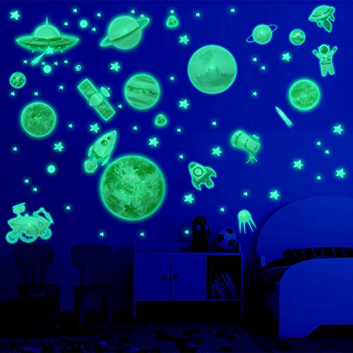 Glow in The Dark Planet and Space Solar System Wall Stickers,Glow in The Dark Stars for Ceiling,Galaxy Astronaut Rocket Spacecraft Alien Wall Decals for Boys Toddler Kids Bedroom Nursery Playroom Wall Decor