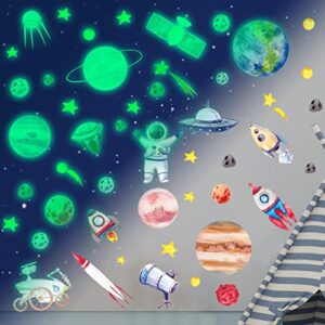 Glow in The Dark Planet and Space Solar System Wall Stickers,Glow in The Dark Stars for Ceiling,Galaxy Astronaut Rocket Spacecraft Alien Wall Decals for Boys Toddler Kids Bedroom Nursery Playroom Wall Decor