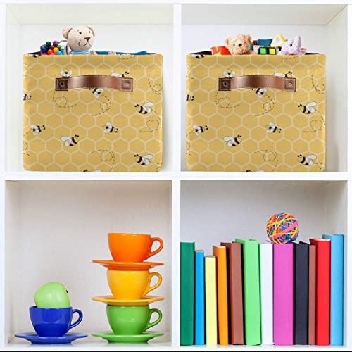 Storage Basket Cube Yellow Animal Bee Honey Comb Large Collapsible Toys Storage Box Bin Laundry Organizer for Closet Shelf Nursery Kids Bedroom,15x11x9.5 in,2 Pack