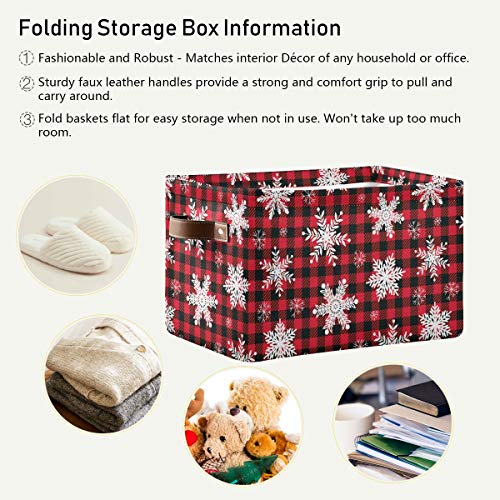 Storage Basket Cube Red Snowflake Christmas Plaid Large Collapsible Toys Storage Box Bin Laundry Organizer for Closet Shelf Nursery Kids Bedroom,15x11x9.5 in,1 Pack