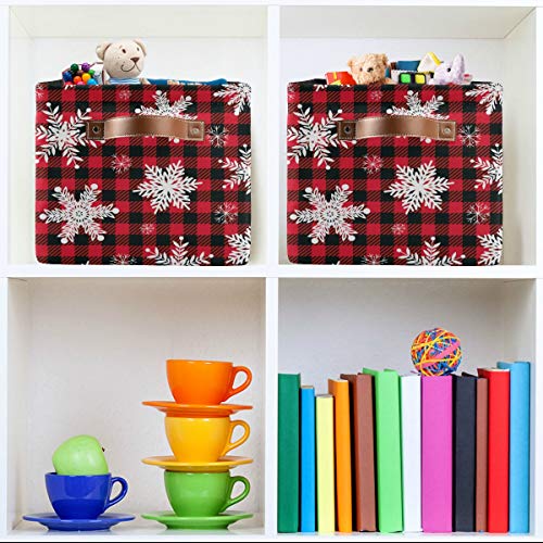 Storage Basket Cube Red Snowflake Christmas Plaid Large Collapsible Toys Storage Box Bin Laundry Organizer for Closet Shelf Nursery Kids Bedroom,15x11x9.5 in,1 Pack