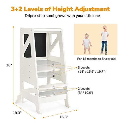 Toddler Kitchen Stool Helper - Toddler Tower with Message Boards & Safty Rail, Adjustable Height Kids Kitchen Step Stool, Chalkboard and Whiteboard, Anti-Slip Protection,Wooden Toddler counter (White)