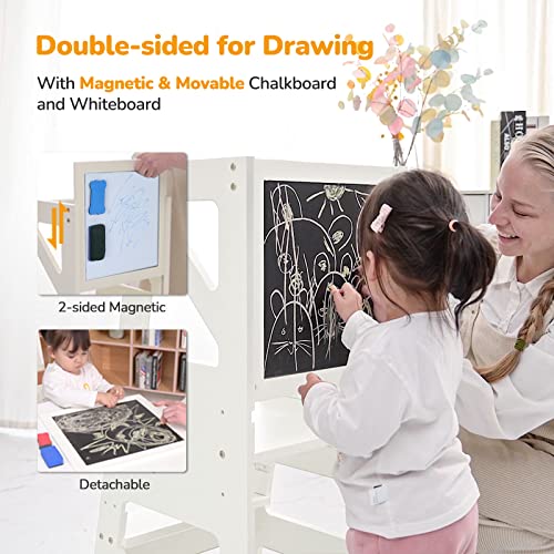 Toddler Kitchen Stool Helper - Toddler Tower with Message Boards & Safty Rail, Adjustable Height Kids Kitchen Step Stool, Chalkboard and Whiteboard, Anti-Slip Protection,Wooden Toddler counter (White)