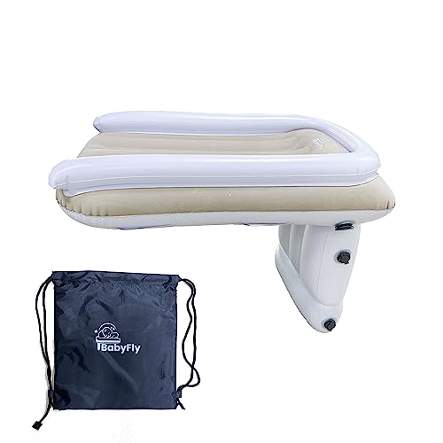 BabyFly Inflatable Airplane Bed for Toddler Travel Baby Travel Bed Infant Airplane Bed Fits Most Airplane Economy Seats for Convenient Toddler Travel, White and Tan