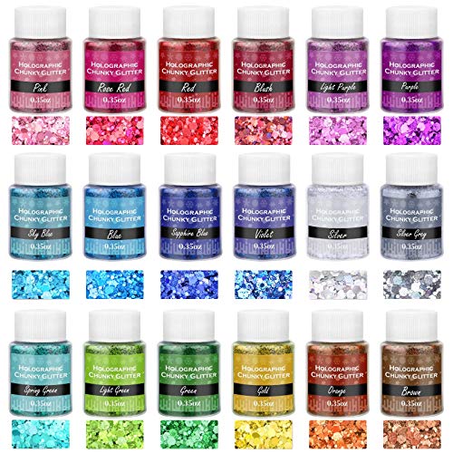 Chunky Glitter for Resin, Thrilez 18 Colors Holographic Chunky Glitter Sequins Craft Glitter Powder Tumbler Glitter for Resin Decoration Nail Art Slime (0.35oz/Pack)