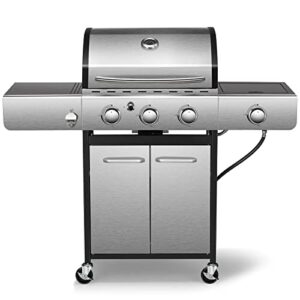 r.w.flame 34,000 btu propane gas grill with 3-burner,bbq grill with side burner and cast iron grates stainless steel grill 486 sq. in grilling areas for patio garden barbecue camping,silver