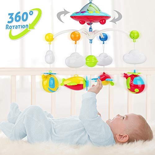 Baby Musical Crib Mobile with Hanging Rotating Toys, Remote Control, Lights Projector Function Music Box, Cartoon Rattles for Babies Boy Girl 0-24 Months, Newborn Sleep with 108 Melodies (Plane)