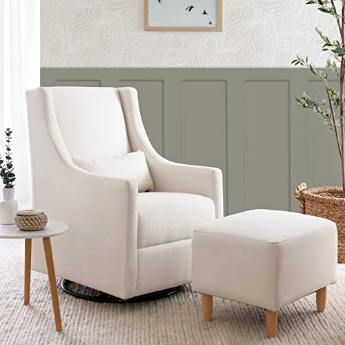 Babyletto Toco Upholstered Swivel Glider and Stationary Ottoman in Performace Cream Eco-Weave, Water Repellent & Stain Resistant, Greenguard Gold Certified