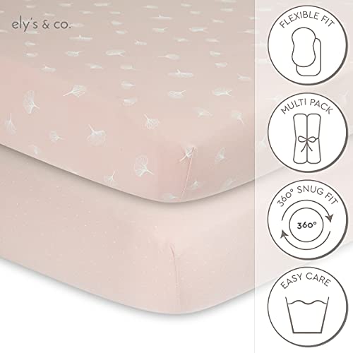 Ely’s & Co. Crib Sheet 2-Pack — Combed, 100% Jersey Cotton for Baby Girl — Rosewater Pink, Pin Dots & Gingko Leaves