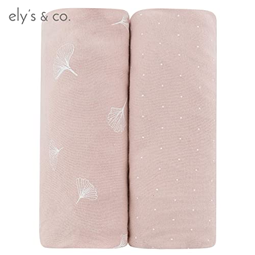 Ely’s & Co. Crib Sheet 2-Pack — Combed, 100% Jersey Cotton for Baby Girl — Rosewater Pink, Pin Dots & Gingko Leaves