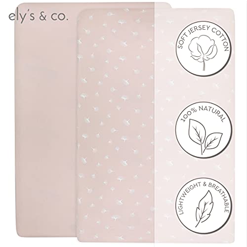 Ely’s & Co. Crib Sheet 2-Pack — Combed, 100% Jersey Cotton for Baby Girl — Rosewater Pink, Pin Dots & Gingko Leaves