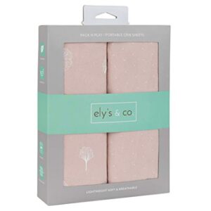 ely’s & co. pack n play│playard│portable crib sheet 2-pack - combed, 100% jersey cotton for baby girl — rosewater pink, pin dots & gingko leaves