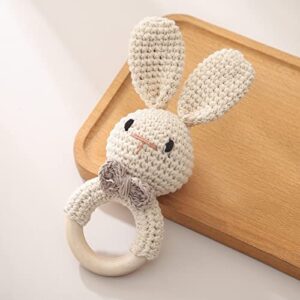 Wooden Baby Rattle Crochet Bunny Baby Toys Handmade Newborn Toy Early Development Grips Stuffed Animal Organic Rattle