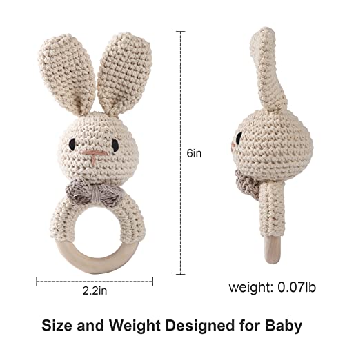 Wooden Baby Rattle Crochet Bunny Baby Toys Handmade Newborn Toy Early Development Grips Stuffed Animal Organic Rattle