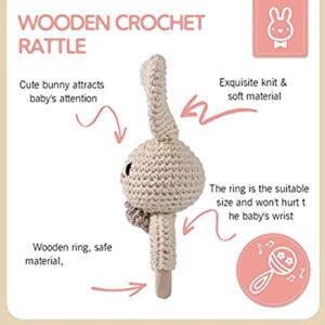 Wooden Baby Rattle Crochet Bunny Baby Toys Handmade Newborn Toy Early Development Grips Stuffed Animal Organic Rattle