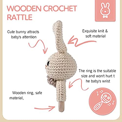 Wooden Baby Rattle Crochet Bunny Baby Toys Handmade Newborn Toy Early Development Grips Stuffed Animal Organic Rattle