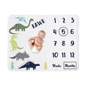 sweet jojo designs mod dino boy milestone blanket monthly newborn first year growth mat baby shower memory keepsake gift picture - blue, green and grey modern dinosaur rawr