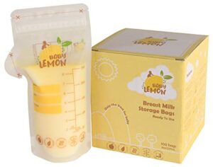 baby lemon breast milk storage bags with spout - 8 oz, 100 bags, extra thick, leak proof, pre-sterilized, ready to use, bpa free, easy write material