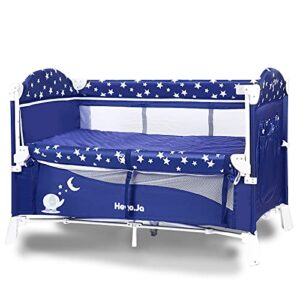 heyo.ja portable baby playard, 4 in 1 convertible pack and play with bassinet, nursery center with comfortable mattress, 5 height adjustable bedside crib, starry sky fence (navy)