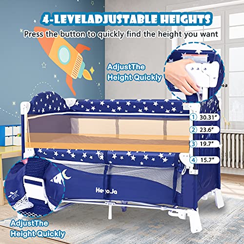 Heyo.Ja Portable Baby Playard, 4 in 1 Convertible Pack and Play with Bassinet, Nursery Center with Comfortable Mattress, 5 Height Adjustable Bedside Crib, Starry Sky Fence (Navy)