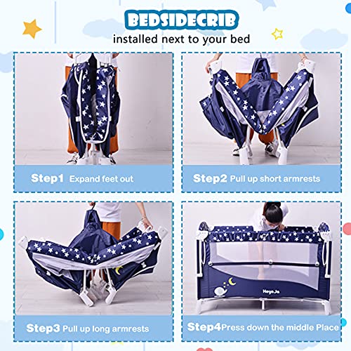 Heyo.Ja Portable Baby Playard, 4 in 1 Convertible Pack and Play with Bassinet, Nursery Center with Comfortable Mattress, 5 Height Adjustable Bedside Crib, Starry Sky Fence (Navy)