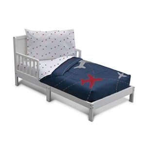 delta children 4 piece toddler bedding set for boys - reversible 2-in-1 comforter - includes fitted comforter to keep little ones snug, bottom sheet, top sheet, pillow case - airplane flight plan