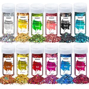 hemoer holographic chunky glitter, 12 colors chunky glitter sparkle sequins, cosmetic craft glitter set for epoxy resin, body, face, nail, slime, wedding festival party decoration - 0.42oz each bottle