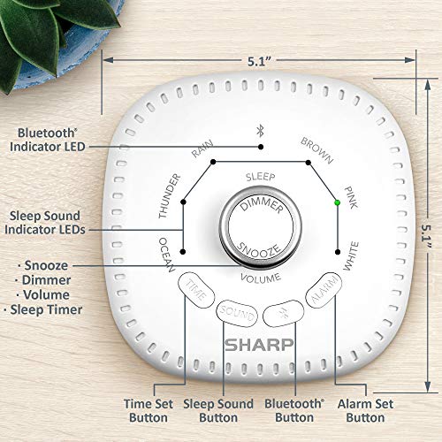 SHARP Sound Machine Alarm Clock with Bluetooth Speaker, 6 High Fidelity Sleep Soundtracks – White Noise Machine for Baby, Adults, Home and Office – White LED