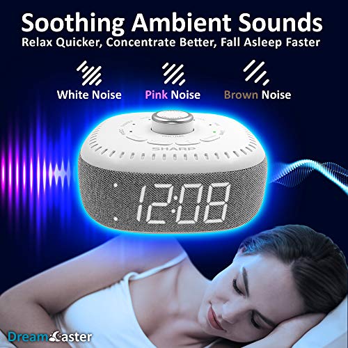 SHARP Sound Machine Alarm Clock with Bluetooth Speaker, 6 High Fidelity Sleep Soundtracks – White Noise Machine for Baby, Adults, Home and Office – White LED