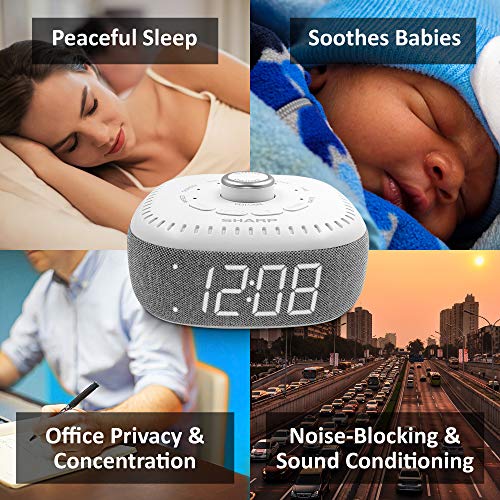 SHARP Sound Machine Alarm Clock with Bluetooth Speaker, 6 High Fidelity Sleep Soundtracks – White Noise Machine for Baby, Adults, Home and Office – White LED