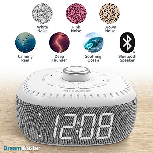 SHARP Sound Machine Alarm Clock with Bluetooth Speaker, 6 High Fidelity Sleep Soundtracks – White Noise Machine for Baby, Adults, Home and Office – White LED