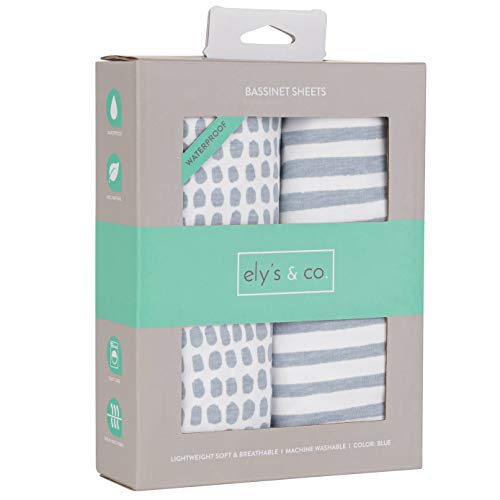 Ely’s & Co. Patent Pending Waterproof Bassinet Sheet 2-Pack Set for Baby Boy - 100% Cotton, Jersey Knit Cotton Sheets with Waterproof Lining — Misty Blue, Stripes and Splashes