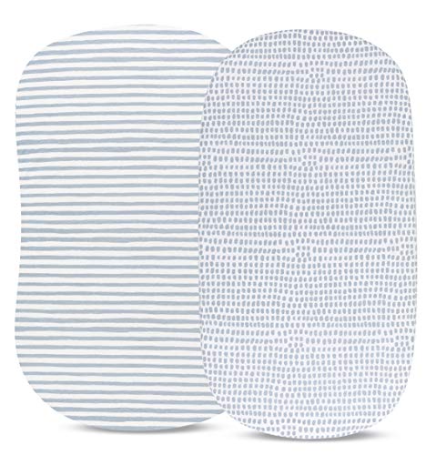 Ely’s & Co. Patent Pending Waterproof Bassinet Sheet 2-Pack Set for Baby Boy - 100% Cotton, Jersey Knit Cotton Sheets with Waterproof Lining — Misty Blue, Stripes and Splashes