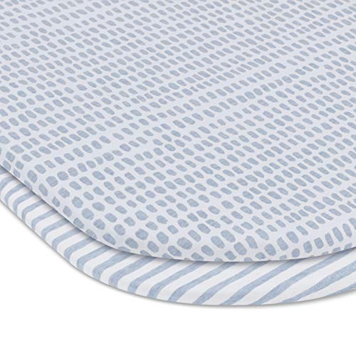 Ely’s & Co. Patent Pending Waterproof Bassinet Sheet 2-Pack Set for Baby Boy - 100% Cotton, Jersey Knit Cotton Sheets with Waterproof Lining — Misty Blue, Stripes and Splashes