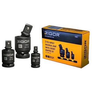 rigor 11601 universal joint swivel socket adapter set | 3pcs, 1/2", 3/8", 1/4" drive | cr-mo impact grade | aluminum storage rail