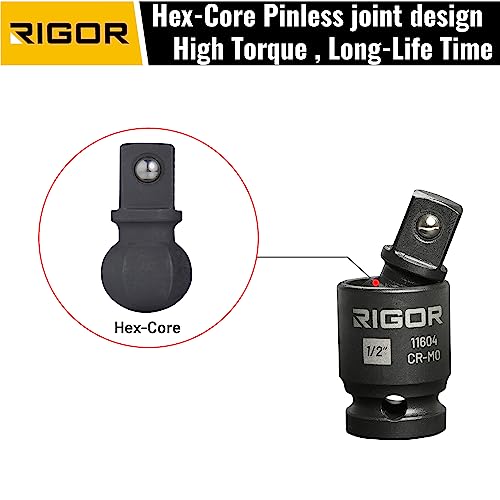 RIGOR 11601 Universal Joint Swivel Socket Adapter Set | 3PCS, 1/2", 3/8", 1/4" Drive | CR-MO Impact Grade | Aluminum Storage Rail