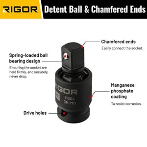 RIGOR 11601 Universal Joint Swivel Socket Adapter Set | 3PCS, 1/2", 3/8", 1/4" Drive | CR-MO Impact Grade | Aluminum Storage Rail