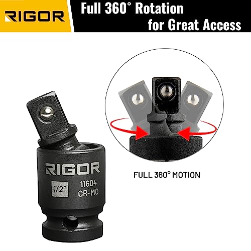 RIGOR 11601 Universal Joint Swivel Socket Adapter Set | 3PCS, 1/2", 3/8", 1/4" Drive | CR-MO Impact Grade | Aluminum Storage Rail