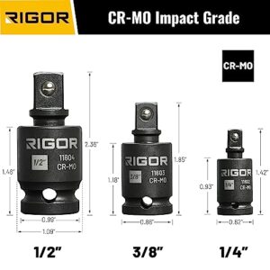 RIGOR 11601 Universal Joint Swivel Socket Adapter Set | 3PCS, 1/2", 3/8", 1/4" Drive | CR-MO Impact Grade | Aluminum Storage Rail