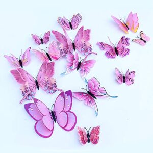 somotersea 24pcs 3d butterfly wall decals removable butterfly decor for girls stickers kids bedroom and room decoration art mural double wings pink