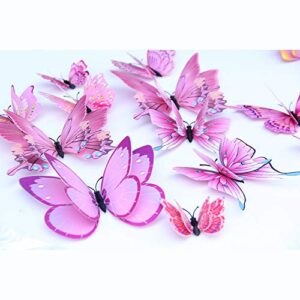 Somotersea 24PCS 3D Butterfly Wall Decals Removable Butterfly Decor for Girls Stickers Kids Bedroom and Room Decoration Art Mural Double Wings Pink