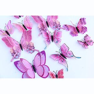 Somotersea 24PCS 3D Butterfly Wall Decals Removable Butterfly Decor for Girls Stickers Kids Bedroom and Room Decoration Art Mural Double Wings Pink