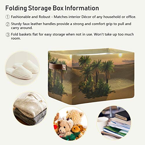 LELEGO Rectangular Storage Basket Tropical Summer Palm Tree Desert Storage Bins Boxes Collapsible Storage Cubes Organizer with Leather Handles for Home Organization Shelf Basket Toy Laundry Hamper Nur