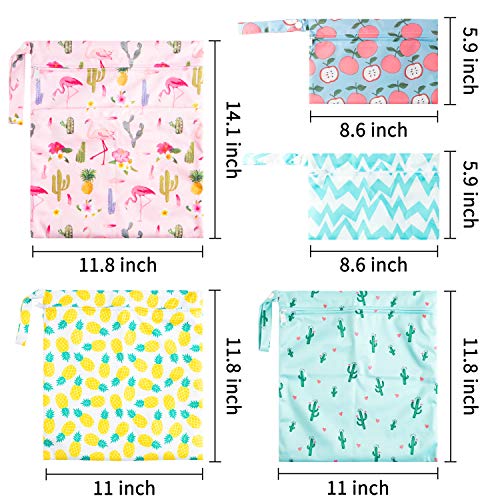 R HORSE 5Pcs Waterproof Reusable Wet Bag Diaper Baby Cloth Diaper Summer Wet Dry Bags with 2 Zippered Pockets Travel Beach Pool Bag with Pineapple Flamingo Cactus Pattern(3 Sizes)