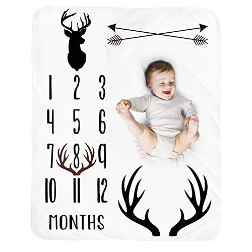 Tebaby Baby Monthly Milestone Blanket Boy - Deer Newborn Month Blanket Neutral Personalized Shower Gift Woodland Nursery Decor Photography Background Prop with Frame Large 51''x40''