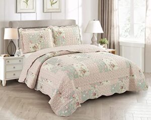 brilliant sunshine traditional rose and sage patchwork, with rose bud patch frames, 3-piece quilt set with 2 shams, reversible bedspread, lightweight coverlet, all-season, full/queen, light rose sage