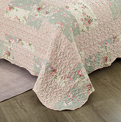 Brilliant Sunshine Traditional Rose and Sage Patchwork, with Rose Bud Patch Frames, 3-Piece Quilt Set with 2 Shams, Reversible Bedspread, Lightweight Coverlet, All-Season, Full/Queen, Light Rose Sage