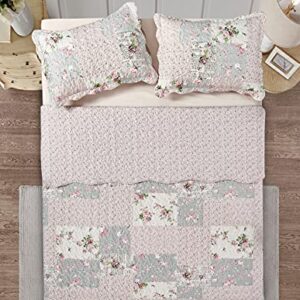 Brilliant Sunshine Traditional Rose and Sage Patchwork, with Rose Bud Patch Frames, 3-Piece Quilt Set with 2 Shams, Reversible Bedspread, Lightweight Coverlet, All-Season, Full/Queen, Light Rose Sage